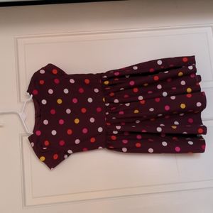 Girls polka dot a-line dress, maroon with pink, yellow, red polka dots